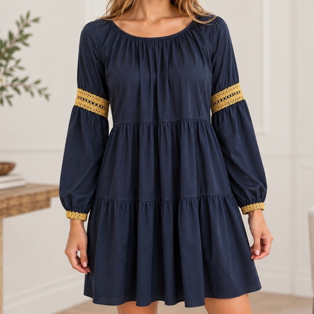 Elizabeth and James Navy Blue Tiered Crochet Lace Trim Babydoll Mini Dress M